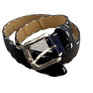 The Ritz Stitch Leather Buckle Belt Mens 32 Black Silver Buckle Western Academia